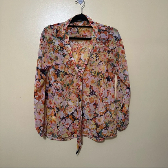 Zara Trafaluc Tied Neck Sheer Floral Multicolor Blouse Shirt Top Women’s Small - Picture 1 of 5
